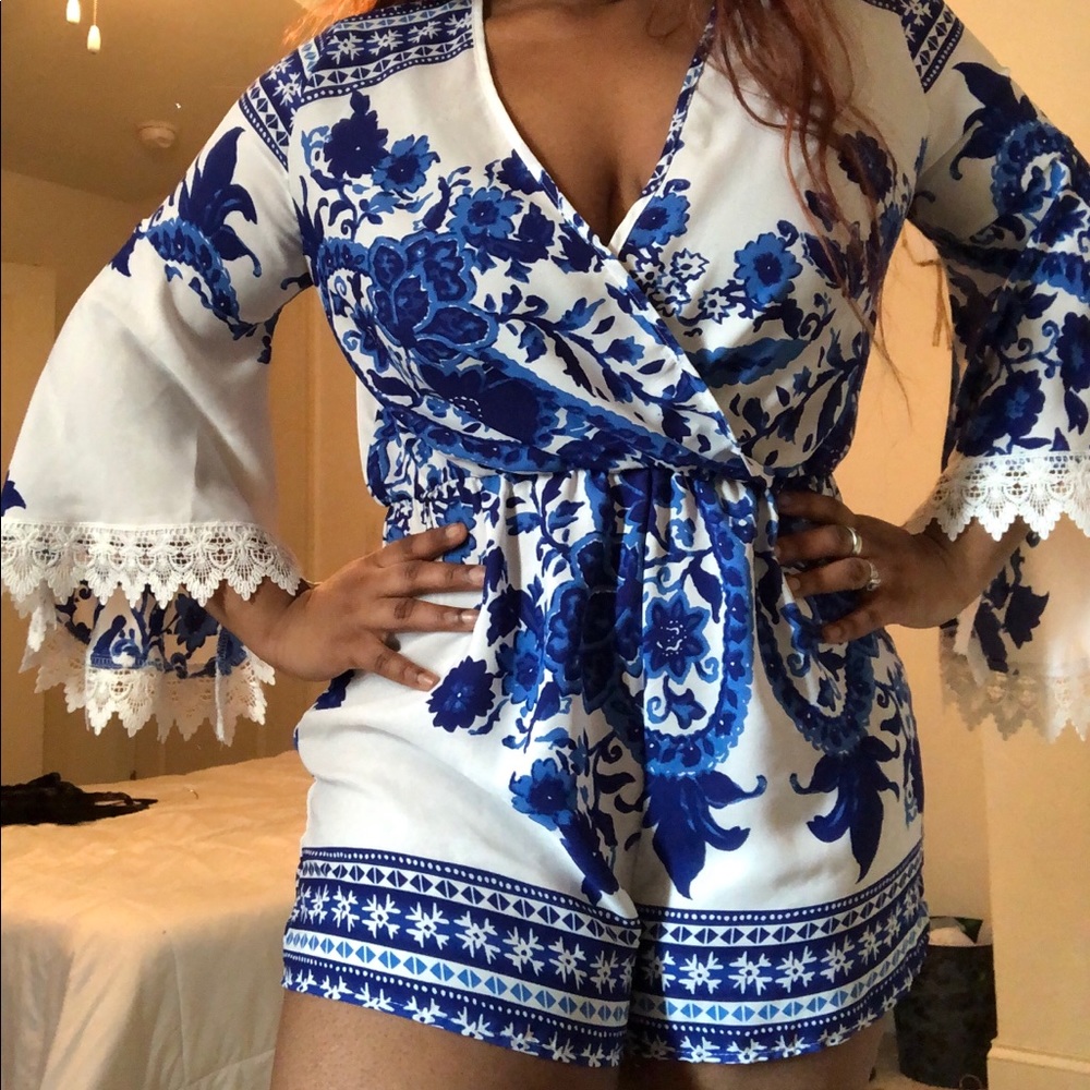 H&M White and Blue Romper